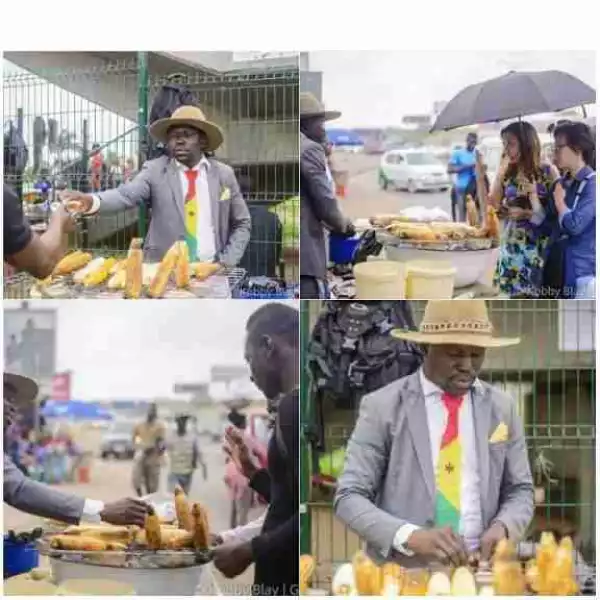 See Swag!! Roasted Corn Seller Spotted Dressed In Suit, Tie & Hat 